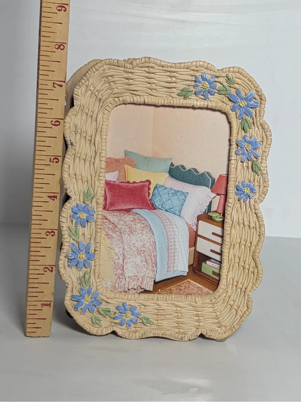 Shabby Chic Set of 2 Wicker Look Blue Floral Picture Frames Cottagecore 4x6